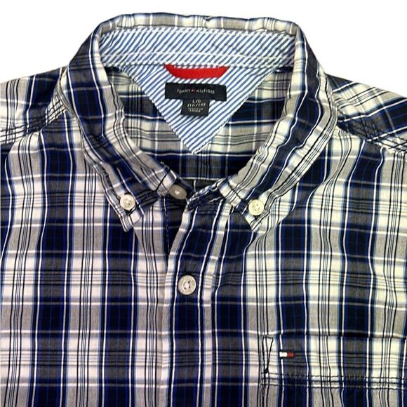 GORGEOUS Tommy Hilfiger Boys Large 14/16 Blue Grey White Plaid Button Down Shirt - Picture 1 of 12